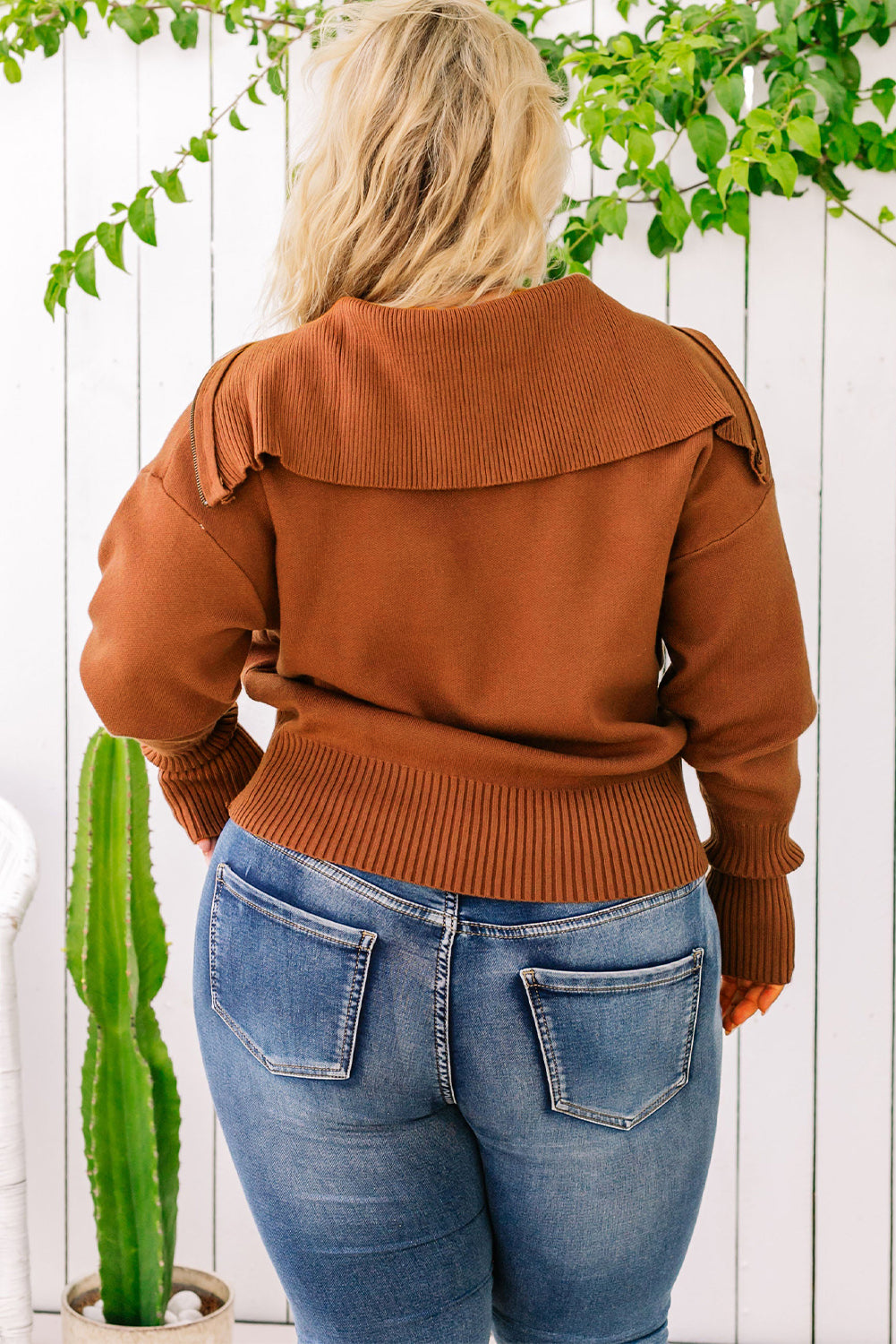 Plus Size Collared Neck Zip-Up Sweater