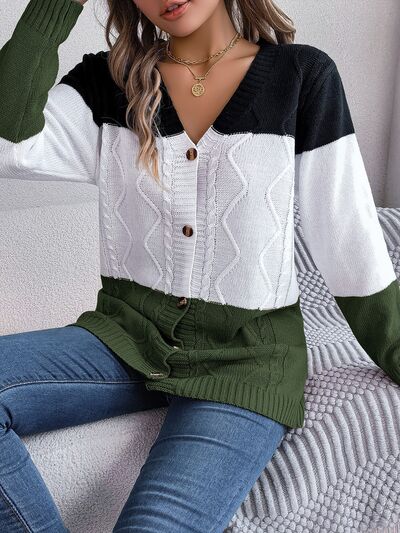 Cable-Knit Three Color Button Up Cardigan