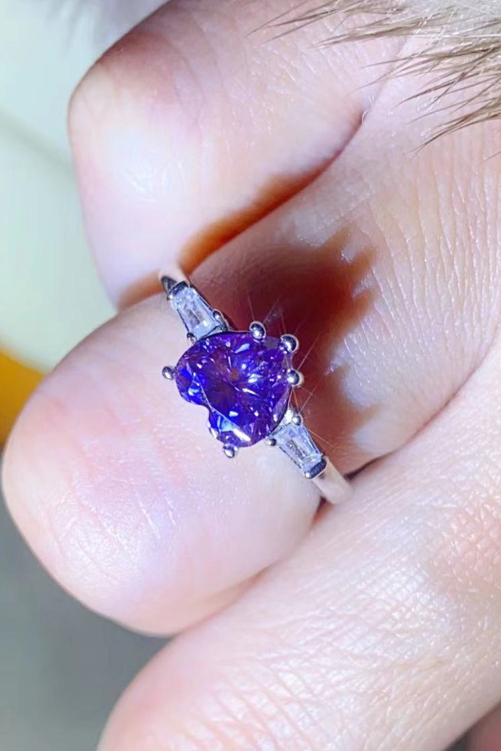 Purple Moissanite Heart-Shaped Platinum-Plated Ring
