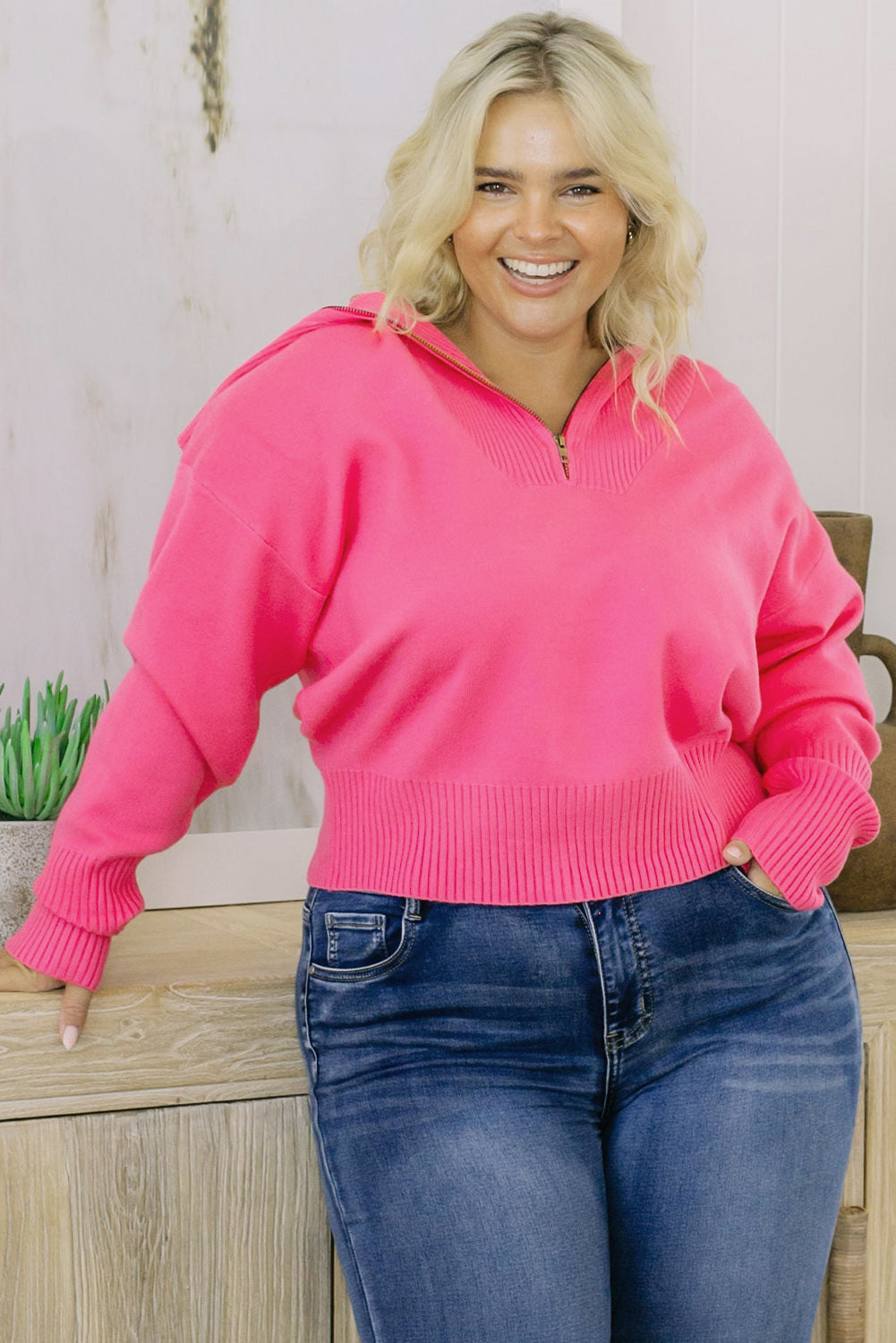 Plus Size Collared Neck Zip-Up Sweater