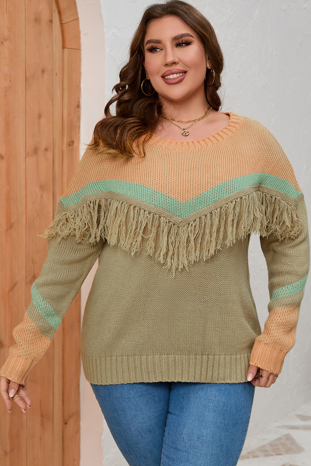 Plus Size Fringe Detail Long Sleeve Sweater