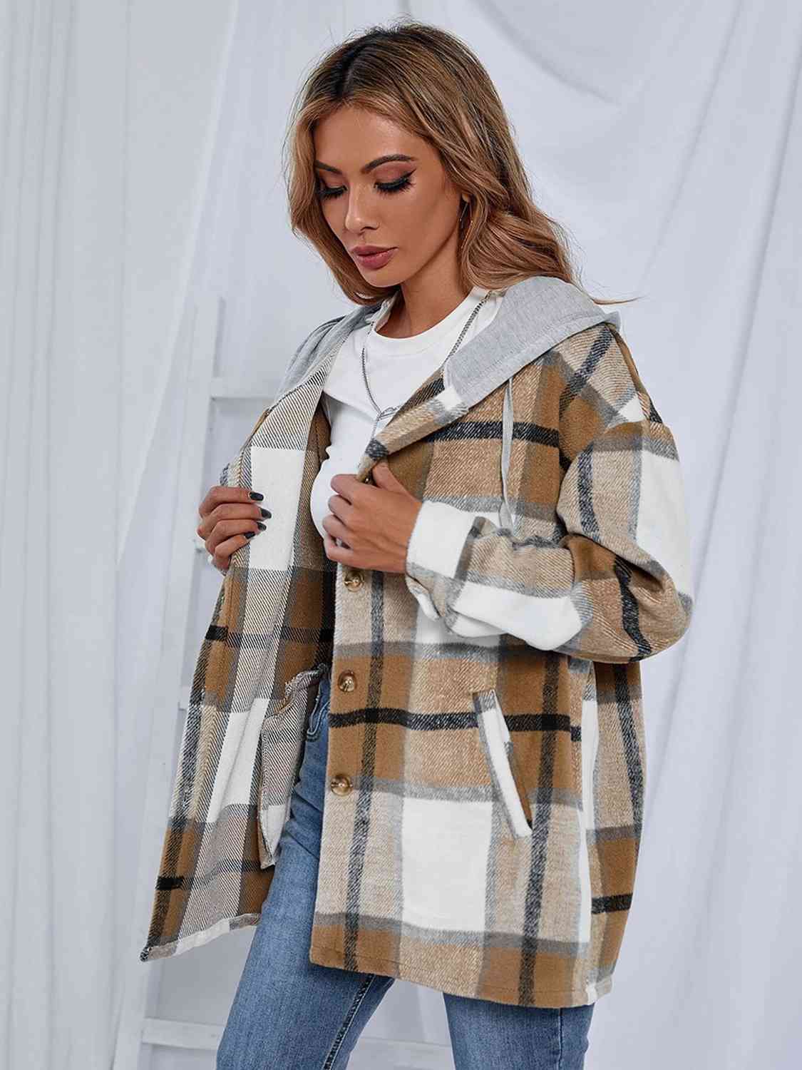 Plaid Hooded Jacket with Pockets
