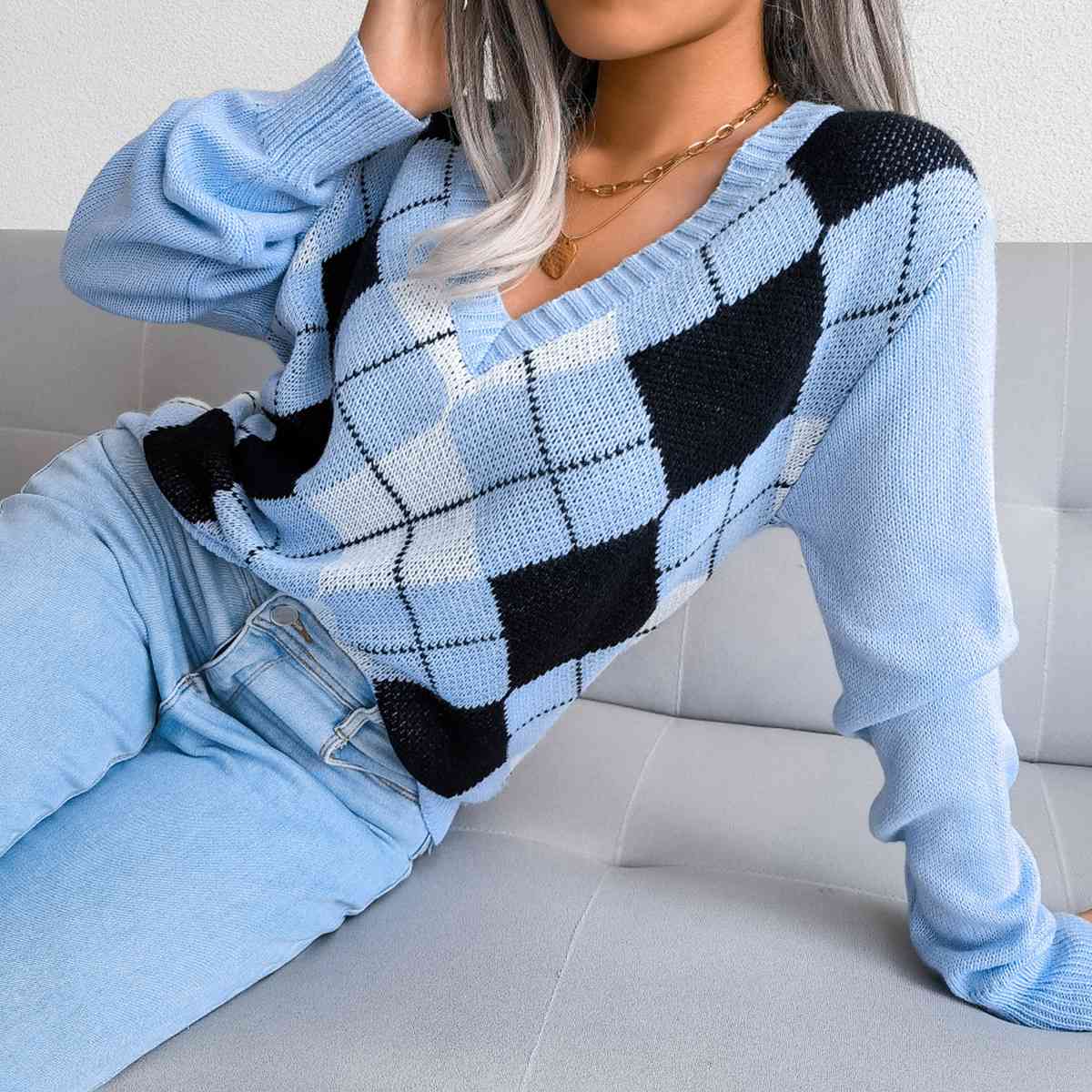 Geometric Argyle V-Neck Sweater
