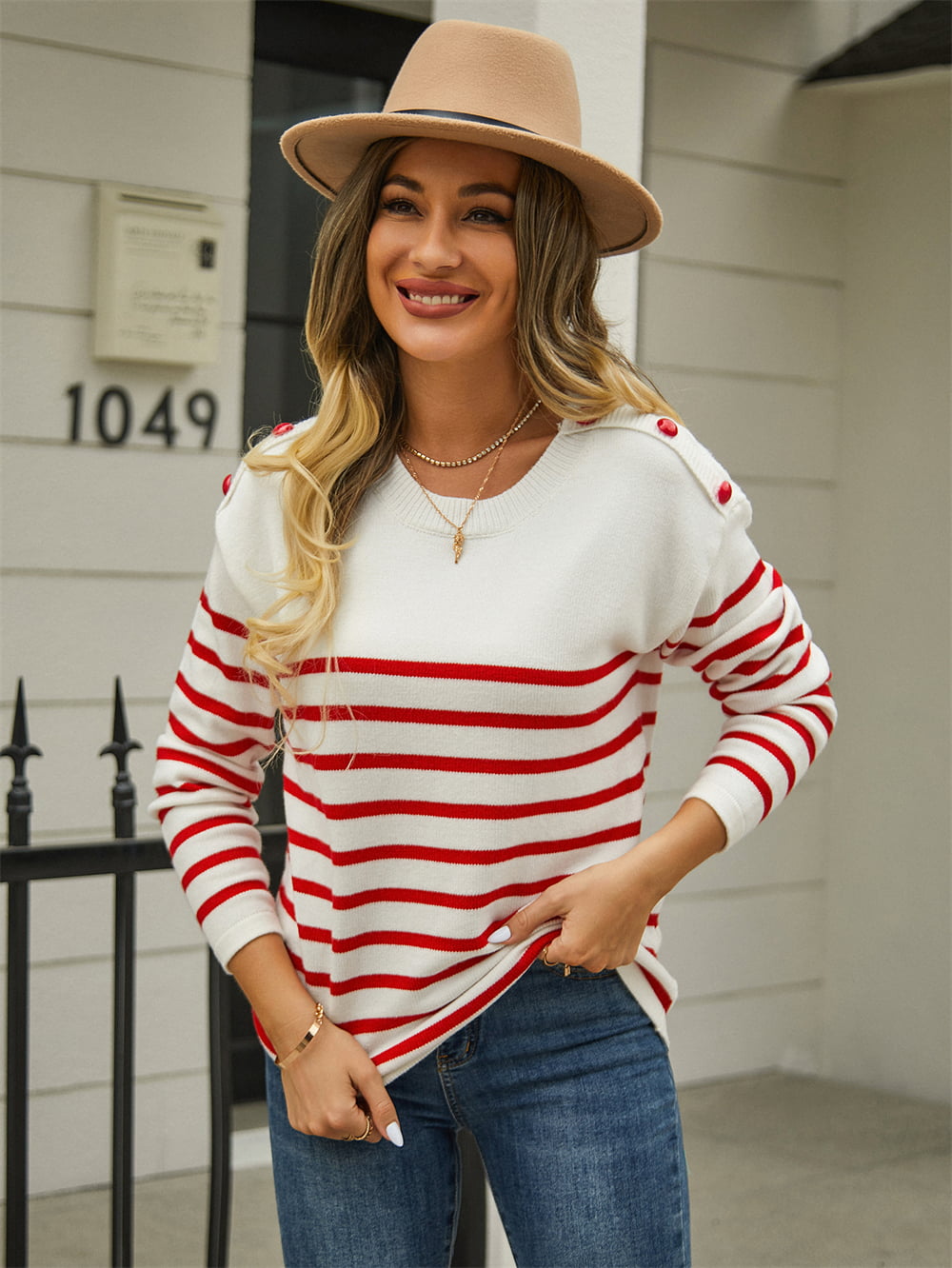 Shoulder Button Striped Sweater