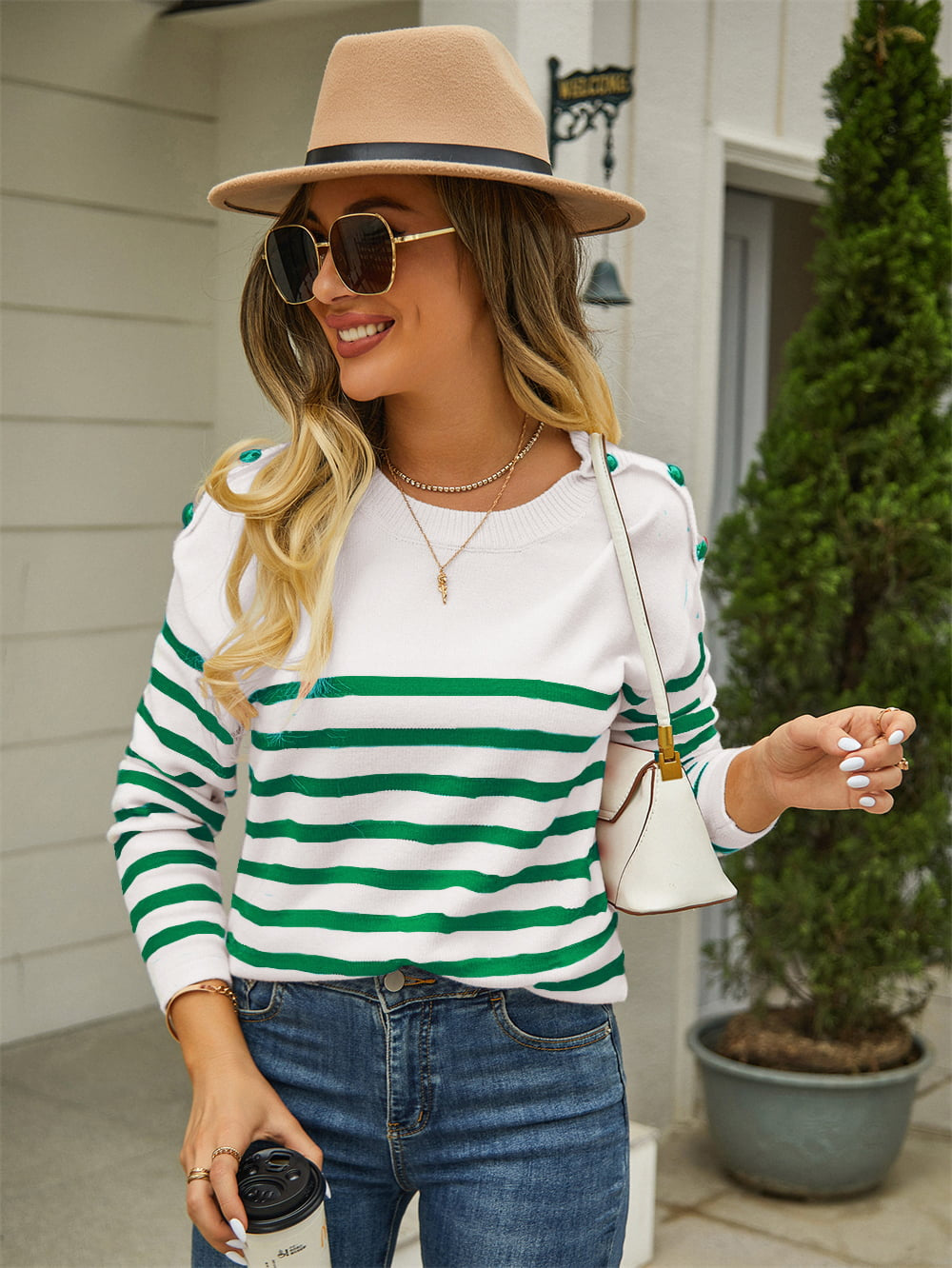 Shoulder Button Striped Sweater