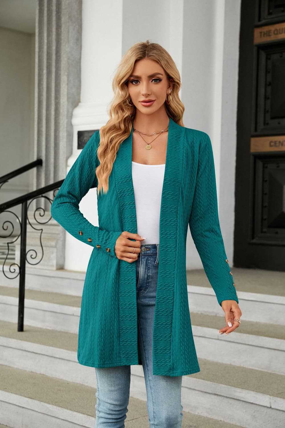 Open Front Cardigan With Decorative Buttons