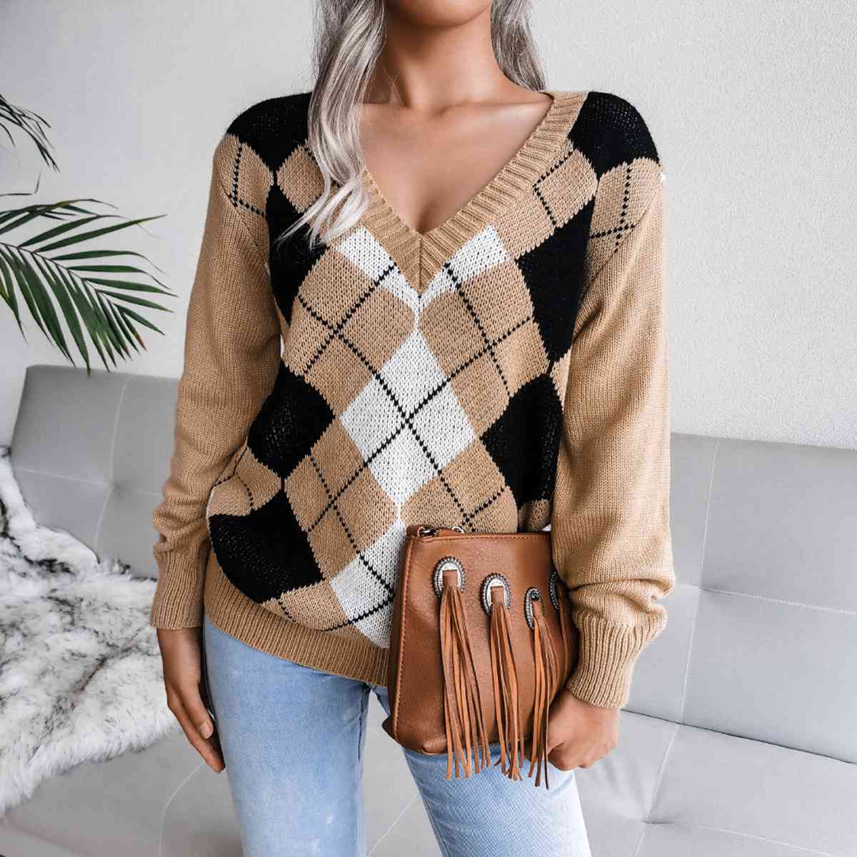 Geometric Argyle V-Neck Sweater
