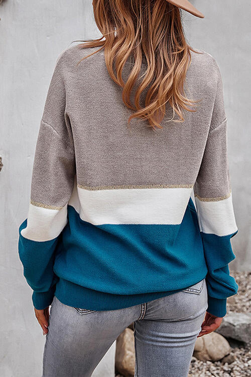 V-Neck Long Sleeve Sweater Colorblock Design