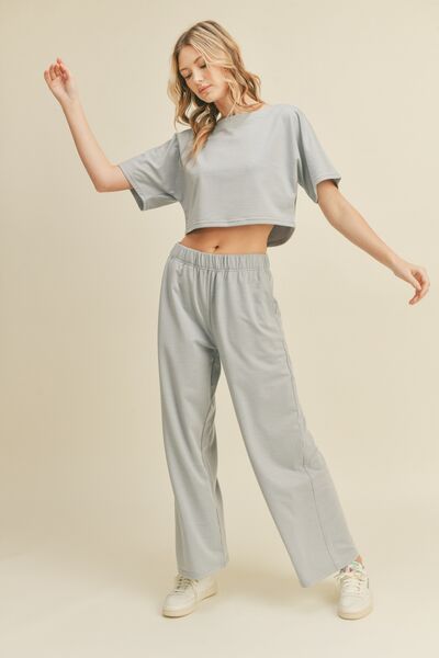 *Short Sleeve Cropped Top and Wide Leg Pants Set