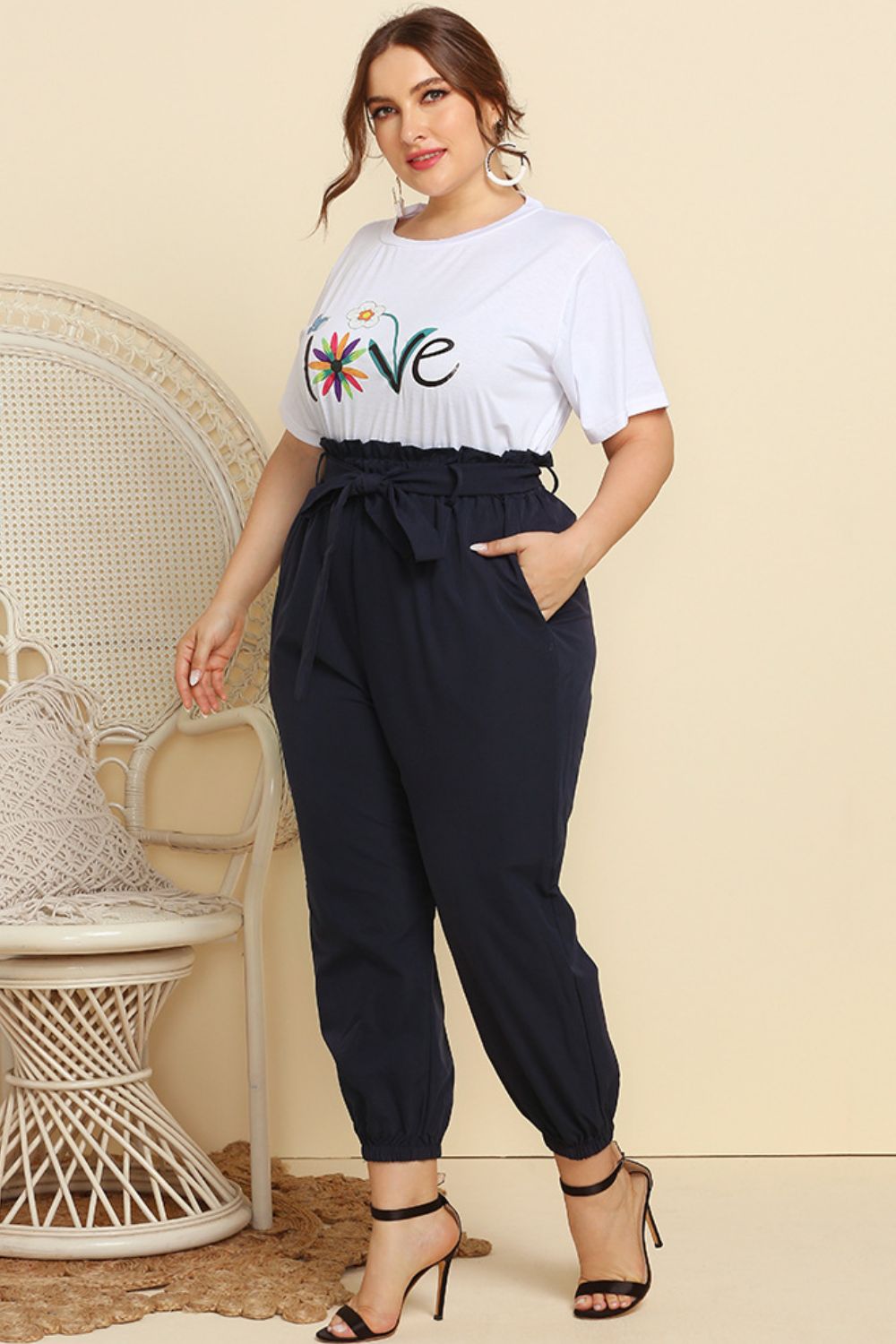 Plus Size Graphic Tee and Belted Paperbag Jogger Set