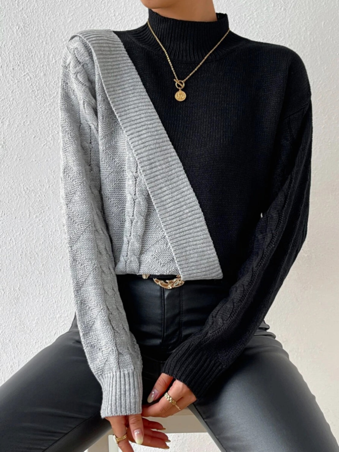 Contrast Mock Neck Cable-Knit Sweater