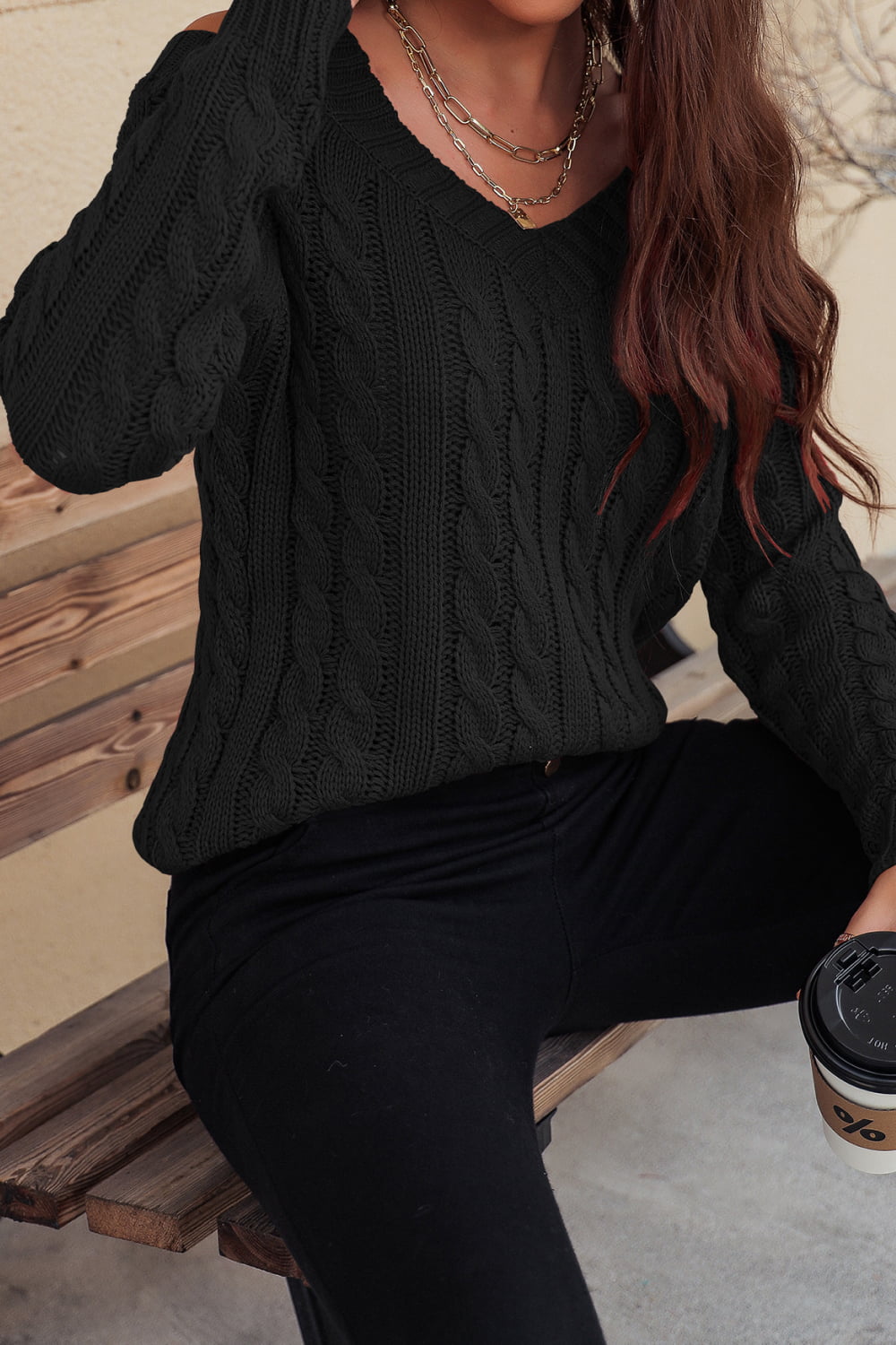 Cable-Knit Cold-Shoulder Sweater
