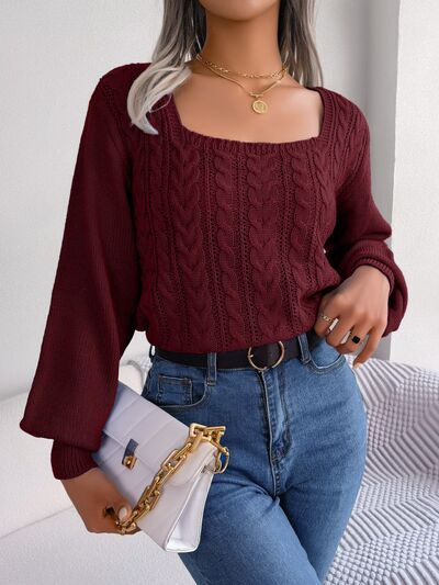 Cable-Knit Square Neck Long Sleeve Sweater