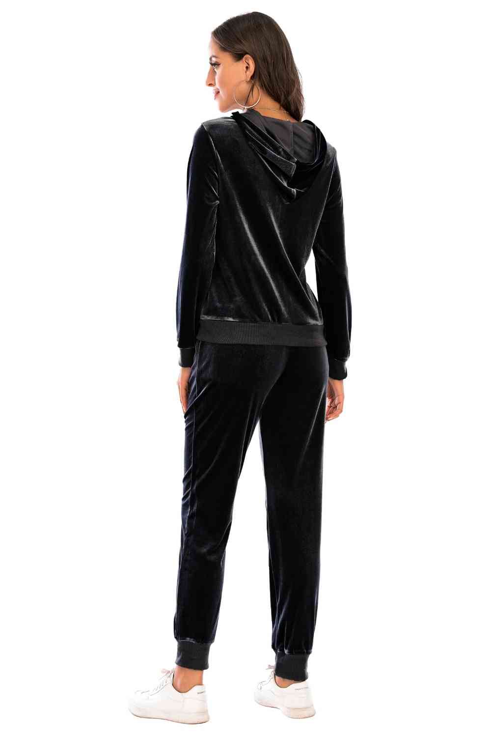 Zip-Up Hooded Velour Jacket and Pants Set