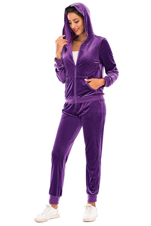 Zip-Up Hooded Velour Jacket and Pants Set
