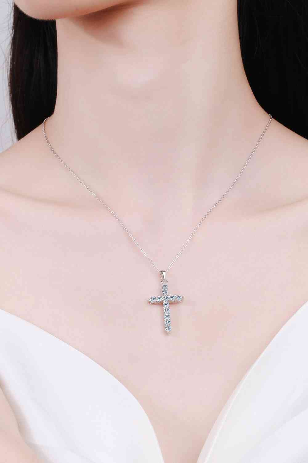 925 Sterling Silver, Rhodium-Plated Cross Moissanite Necklace