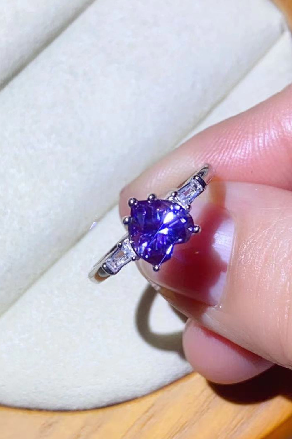 Purple Moissanite Heart-Shaped Platinum-Plated Ring