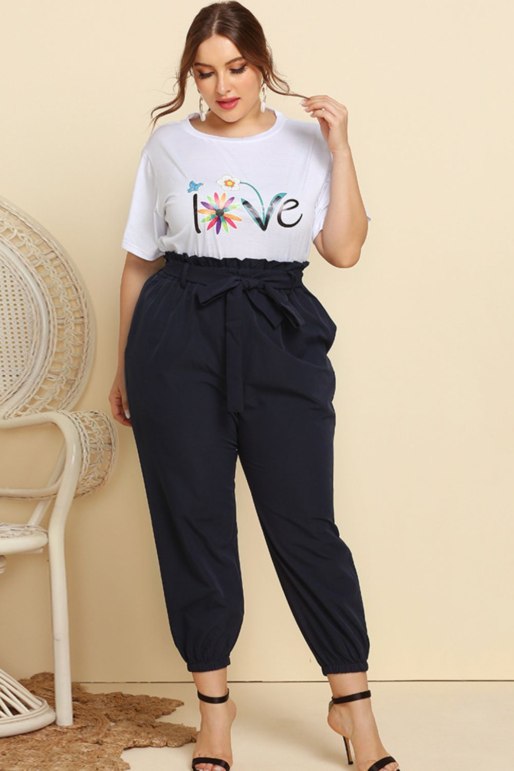 Plus Size Graphic Tee and Belted Paperbag Jogger Set